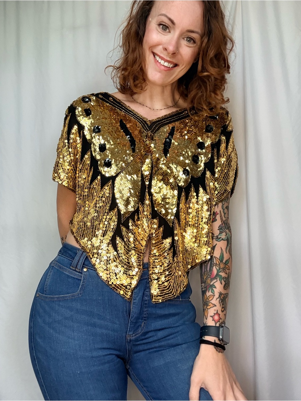 VINTAGE Gold Sequin Butterfly V-Neck Blouse